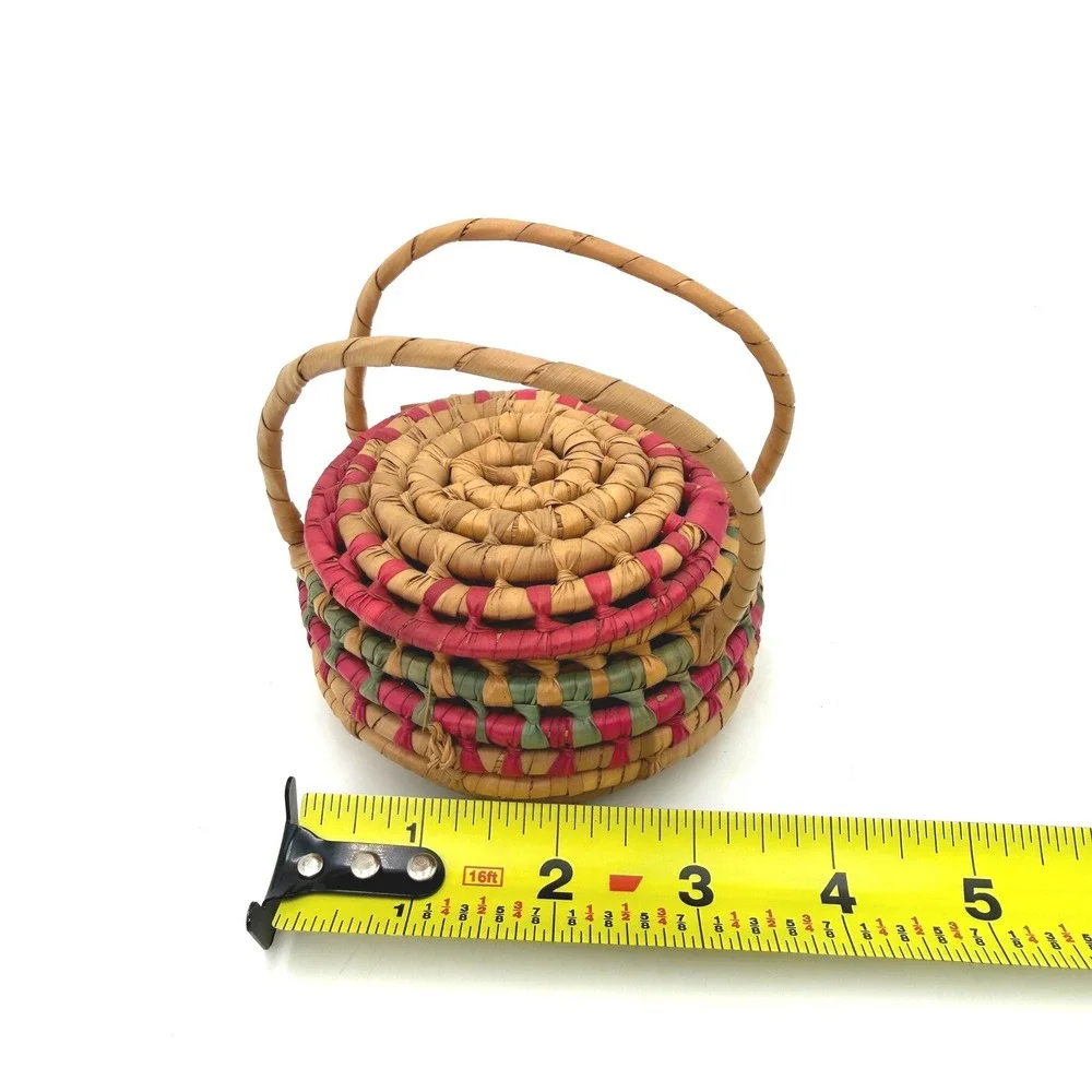Vintage Small Round Woven Pine Needle Trinket Basket with Lid and‎ Handles Boho